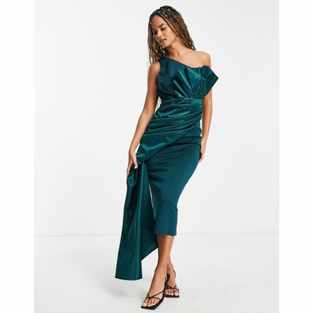 エイソス ASOS DESIGN レディース ワンピース ワンピース・ドレス One Shoulder Pleated Fan Detail Midi Dress In Teal ティール