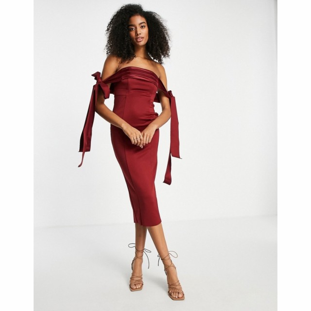 エイソス ASOS DESIGN レディース ワンピース タイト ミドル丈 ワンピース・ドレス Satin Tie Off Shoulder Seamed Pencil Midi Dress In