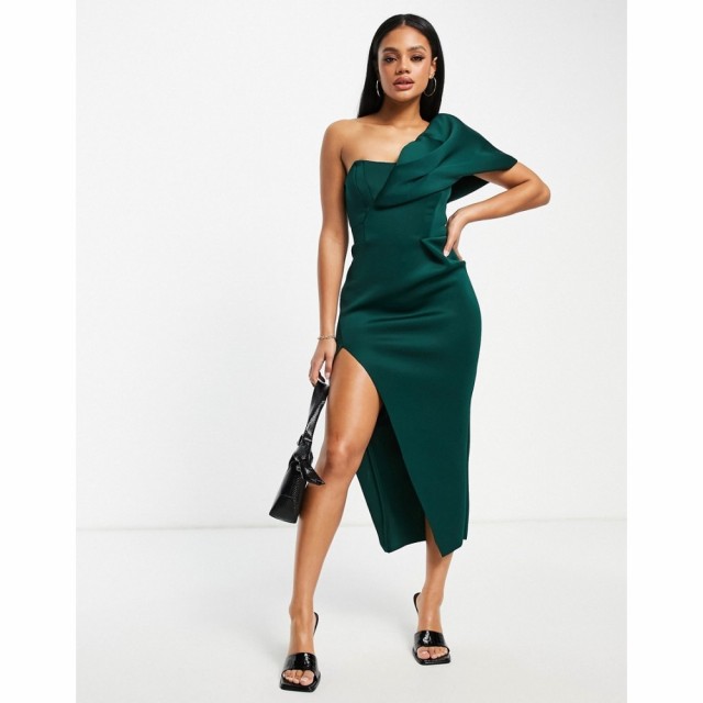 エイソス ASOS DESIGN レディース ワンピース ワンピース・ドレス One Shoulder Seamed Bust Midi Dress With High Leg Split In Forest