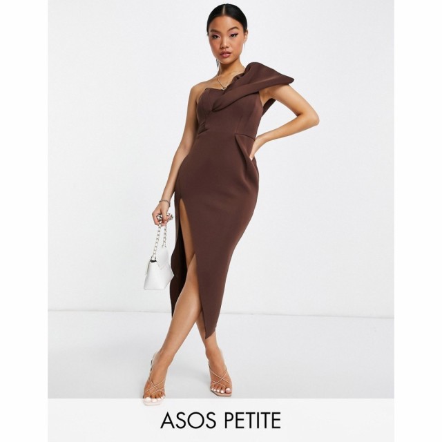 エイソス ASOS Petite レディース ワンピース Petite One Shoulder Seamed Bust Midi Dress With High Leg Split In Chocolate チョコレ