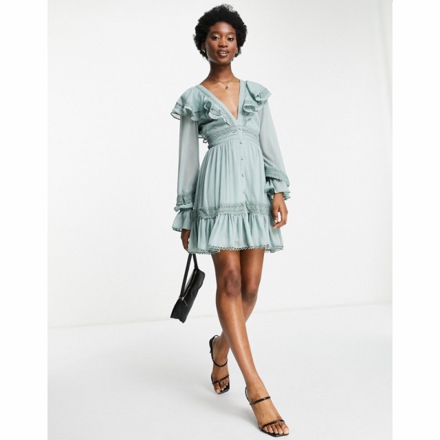 エイソス ASOS DESIGN レディース ワンピース ミニ丈 ワンピース・ドレス Lace Insert Mini Dress With Ruffle Detail And Button Throug