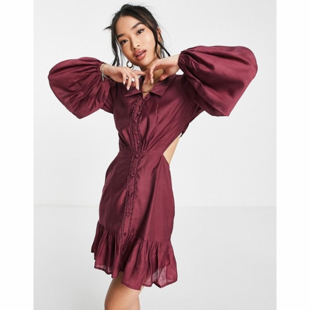 エイソス ASOS DESIGN レディース ワンピース ワンピース・ドレス Voile Cut Out Mini Dress With Button Front And Collar Detail In Bu