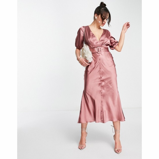 エイソス ASOS DESIGN レディース ワンピース ミドル丈 ワンピース・ドレス Satin Bias Midi Tea Dress With Belt In Dark Blush ローズ