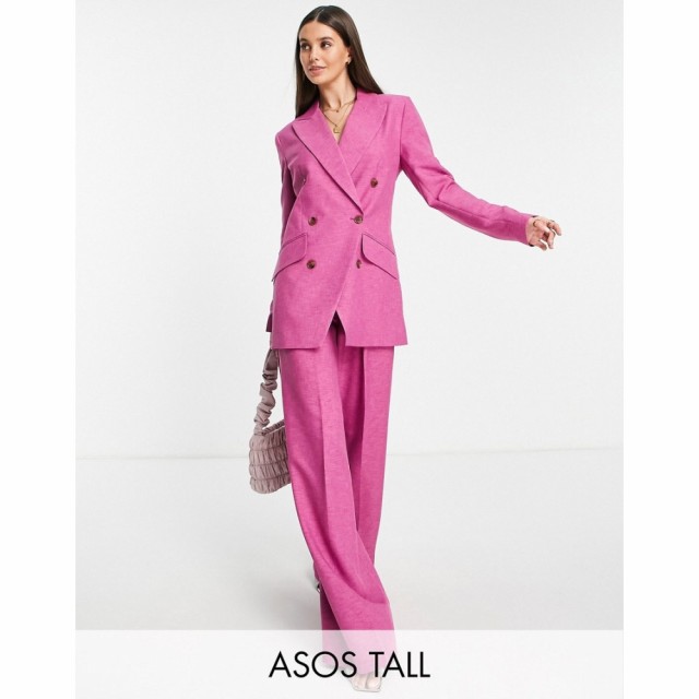 エイソス ASOS Tall レディース スーツ・ジャケット スリム アウター Tall Slim Strong Shoulder Cross Hatch Suit In Pink ピンク