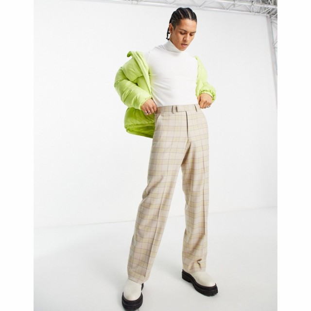 エイソス ASOS DESIGN メンズ ボトムス・パンツ Wide Leg Smart Trousers With Lime Green Highlight Check クリーム