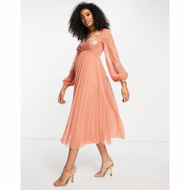 エイソス ASOS DESIGN レディース ワンピース ミドル丈 Dobby Twist Front Pleated Midi Dress With All Over Embroidery In Rust ラステ