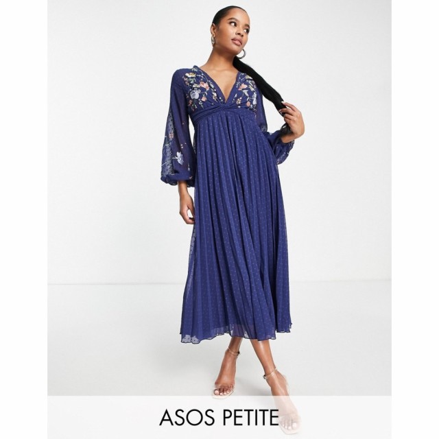 エイソス ASOS Petite レディース ワンピース ミドル丈 Petite Dobby Twist Front Pleated Midi Dress With All Over Embroidery In Navy