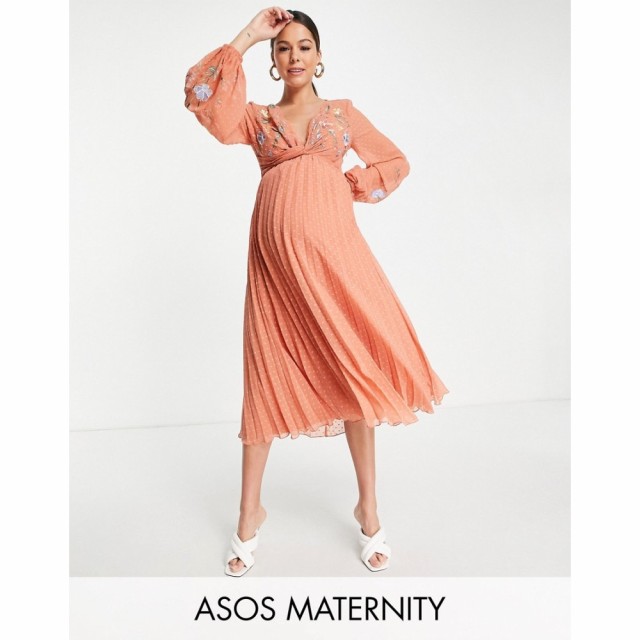 エイソス ASOS Maternity レディース ワンピース Maternity Dobby Twist Front Pleated Midi Dress With All Over Embroidery In Rust