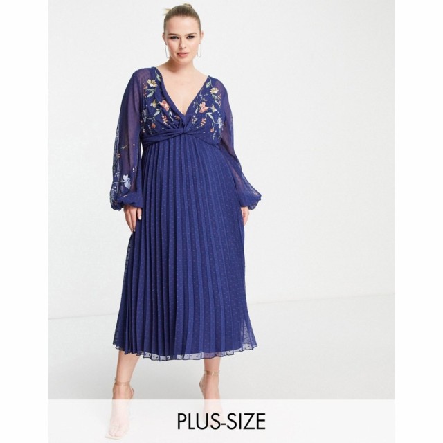 エイソス ASOS Curve レディース ワンピース ミドル丈 Curve Dobby Twist Front Pleated Midi Dress With All Over Embroidery In Navy