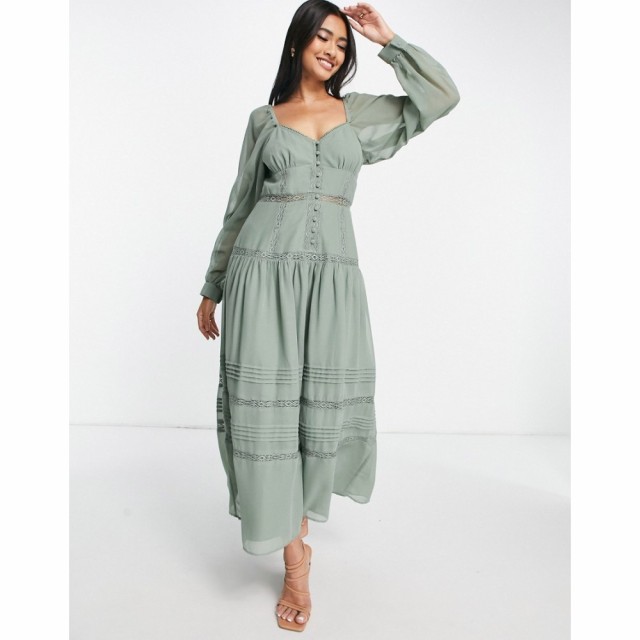 エイソス ASOS DESIGN レディース ワンピース ミドル丈 Soft Sweetheart Neck Long Sleeve Button Through Midi Dress With Lace Inserts