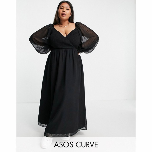 エイソス ASOS Curve レディース ワンピース ラップドレス マキシ丈 ワンピース・ドレス Curve Dobby Shirred Wrap Maxi Dress In Black