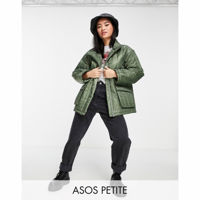 エイソス ASOS Petite レディース ジャケット アウター Petite Nylon Linear Quilted Jacket In Dark Khaki ダークカーキ