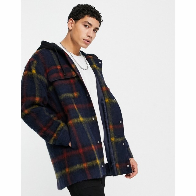 エイソス ASOS DESIGN メンズ ジャケット シャツジャケット アウター Wool Mix Oversized Shacket With Jersey Hood In Blue Check ネイ