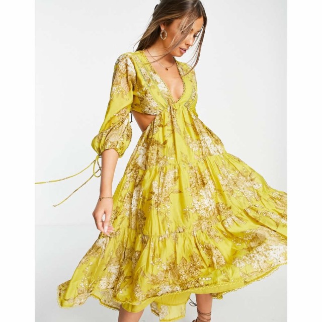 エイソス ASOS DESIGN レディース ワンピース Ａライン Tiered Voile Midi Dress With Lace Trim In Wisteria Blossom Print マスタード