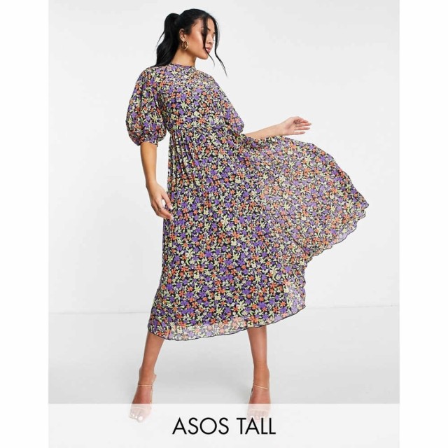 エイソス ASOS Tall レディース ワンピース ワンピース・ドレス Tall High Neck Pleated Midi Dress With Puff Sleeve In Bright Floral