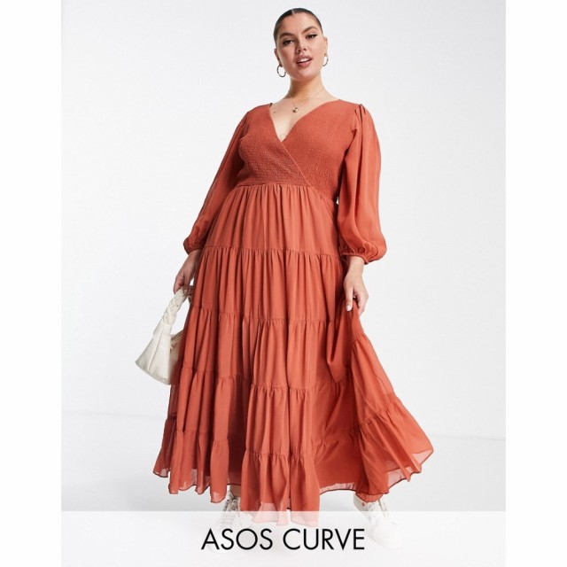 エイソス ASOS Curve レディース ワンピース ラップドレス ラップスカート Ａライン Curve Shirred Wrap Tiered Skirt Maxi Dress In Rus