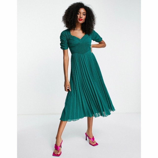 エイソス ASOS DESIGN レディース ワンピース Ruched Front Pleated Midi Dress With Shirred Waist In Chevron Dobby In Forest Green