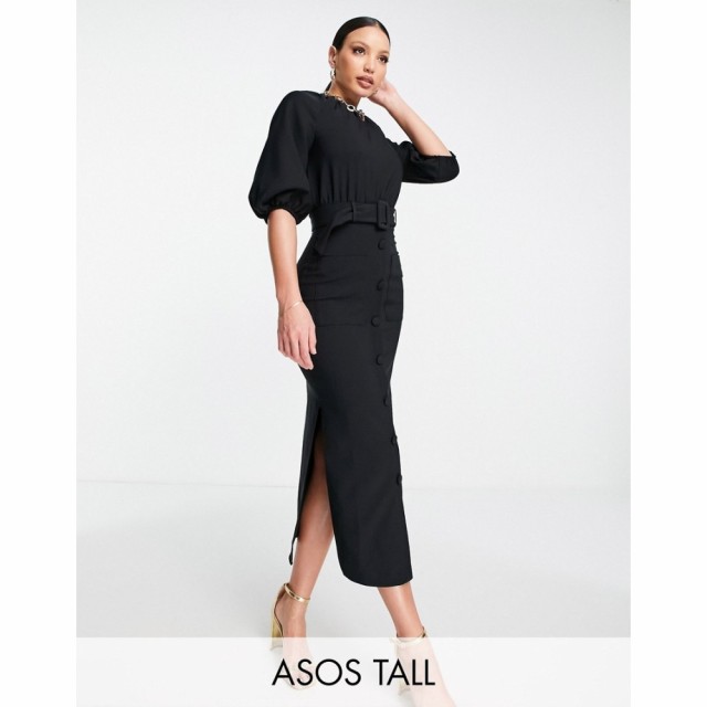 エイソス ASOS Tall レディース ワンピース ミドル丈 ワンピース・ドレス Tall Puff Sleeve Button Through Belted Midi Dress In Black