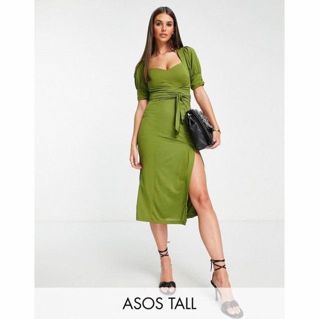 エイソス ASOS Tall レディース ワンピース ミドル丈 ワンピース・ドレス Tall Sweetheart Neck Self Tie Belt Midi Dress With High Spl