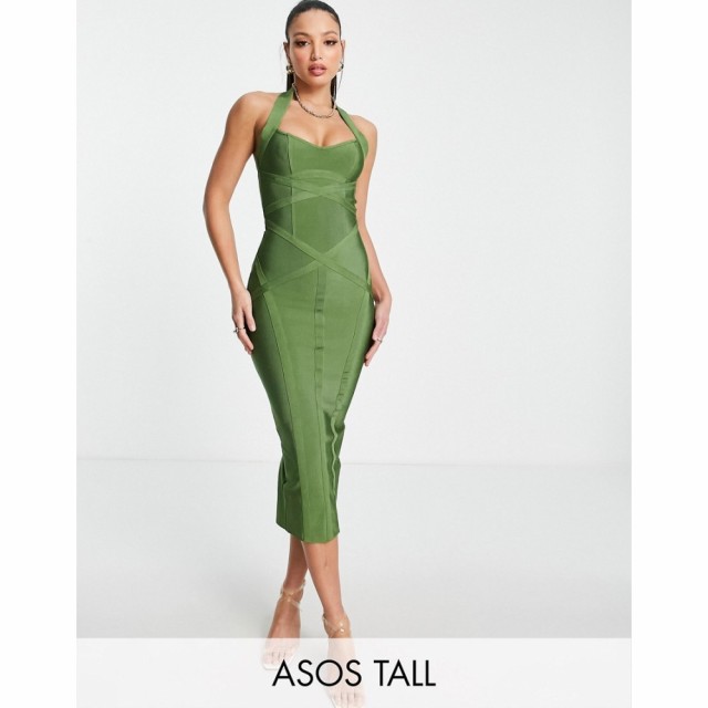 エイソス ASOS Tall レディース ワンピース ミドル丈 ワンピース・ドレス Tall Halter Bandage Seamed Midi Dress In Khaki カーキ