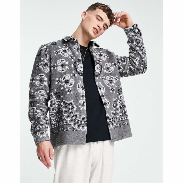 エイソス ASOS DESIGN メンズ シャツ シャツジャケット トップス Overshirt With Placement Paisley Bandana Print In Borg グレー