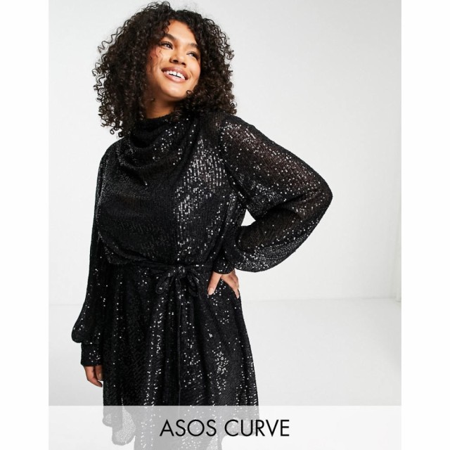 エイソス ASOS Curve レディース ワンピース ミニ丈 ワンピース・ドレス Curve Embellished High Neck Mini Dress With Blouson Sleeve A