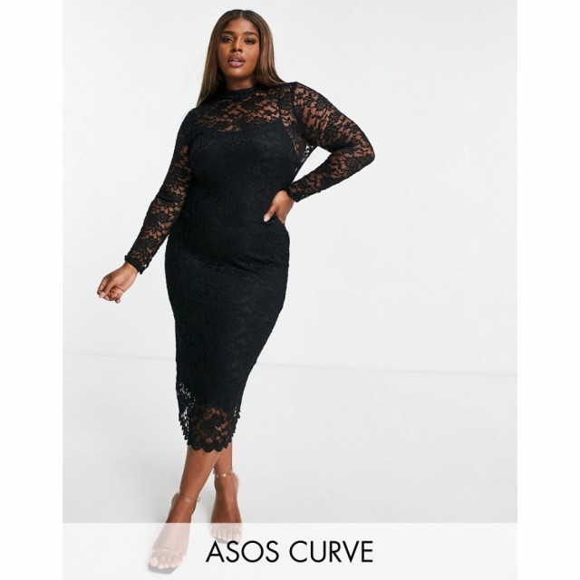 エイソス ASOS Curve レディース ワンピース ミドル丈 ワンピース・ドレス Curve Lace Midi Dress In Black ブラック