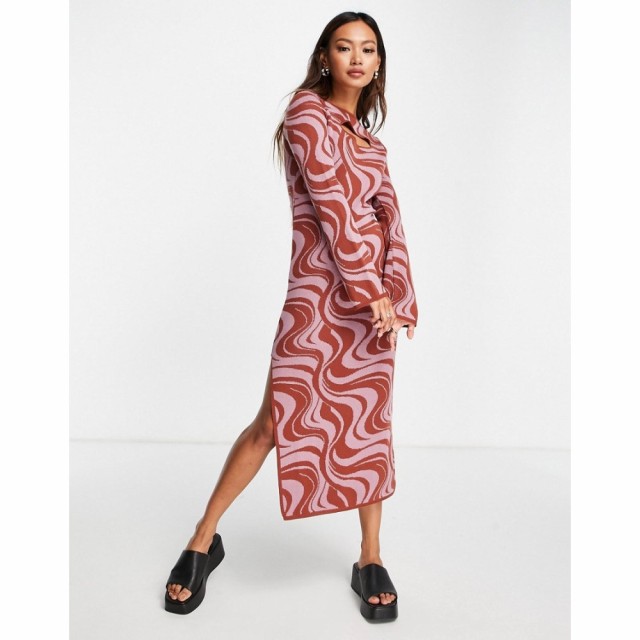 エイソス ASOS DESIGN レディース ワンピース ミドル丈 ワンピース・ドレス Midi Knitted Dress With Cut Out In Swirl Pattern In Brown