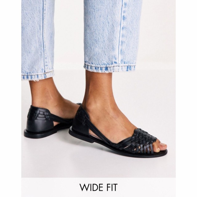 エイソス ASOS DESIGN レディース サンダル・ミュール フラット シューズ・靴 Wide Fit Francis Leather Woven Flat Sandals In Black ブ