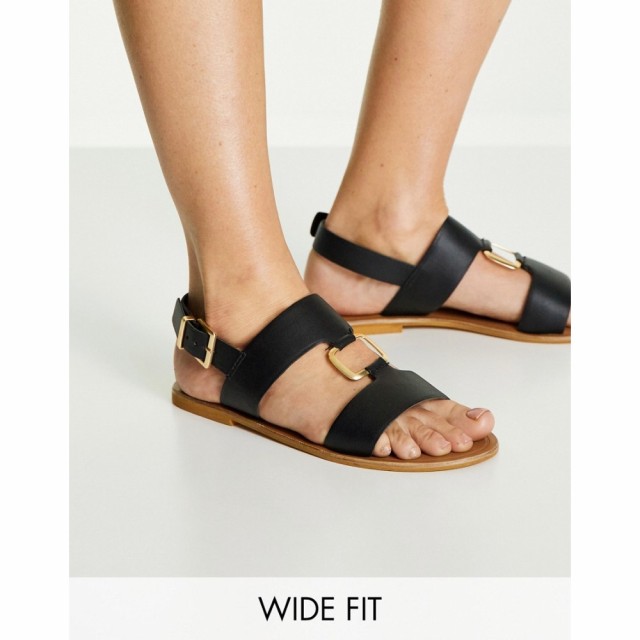 エイソス ASOS DESIGN レディース サンダル・ミュール フラット シューズ・靴 Wide Fit Fenix Leather Ring Detail Flat Sandals In Blac