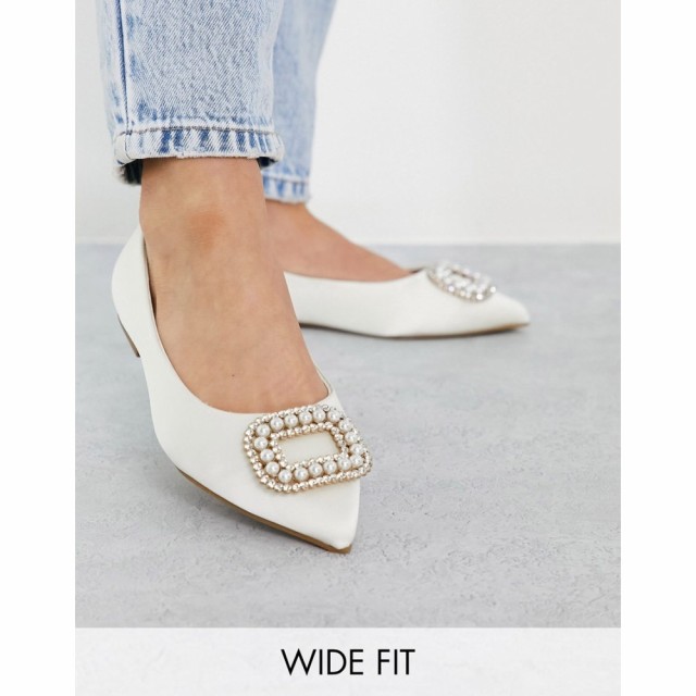 エイソス ASOS DESIGN レディース スリッポン・フラット シューズ・靴 Wide Fit Laura Embellished Pointed Ballet Flats In Ivory Satin