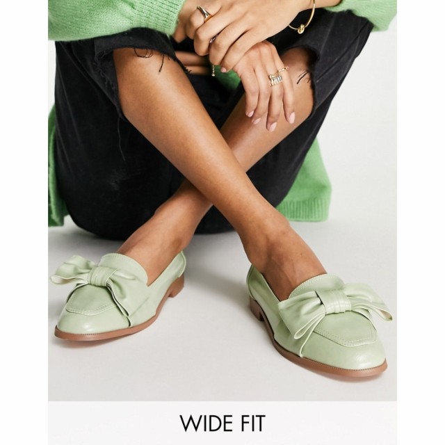 エイソス ASOS DESIGN レディース ローファー・オックスフォード フラット シューズ・靴 Wide Fit Mentor Bow Loafer Flat Shoes In Gree