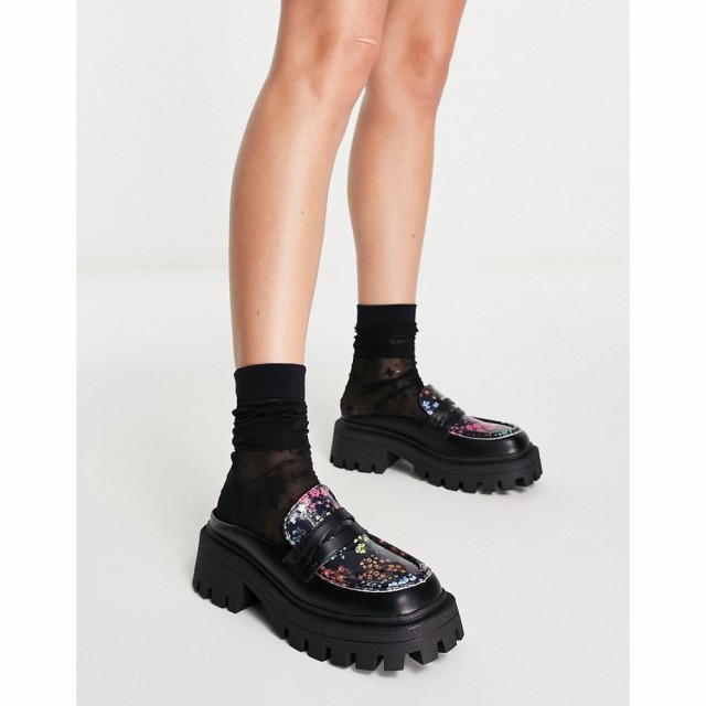 エイソス ASOS DESIGN レディース ローファー・オックスフォード フラット ミュール Moment Chunky Loafer Flat Mules In Black/Floral