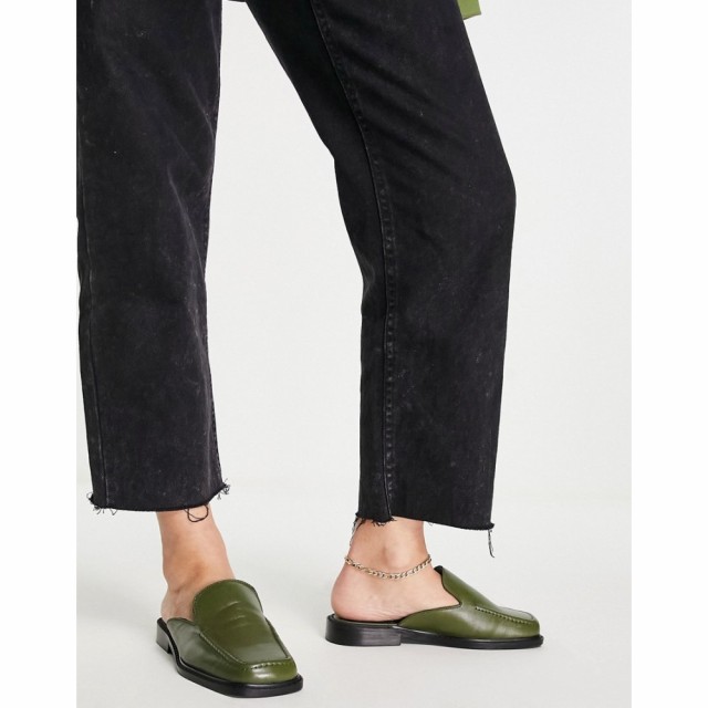 エイソス ASOS DESIGN レディース ローファー・オックスフォード フラット ミュール Mascot Leather Loafer Flat Mules In Olive Green