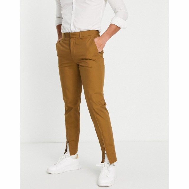 エイソス ASOS DESIGN メンズ スキニー・スリム ボトムス・パンツ Slim Smart Trouser With Zip Front Hem In Brown タン