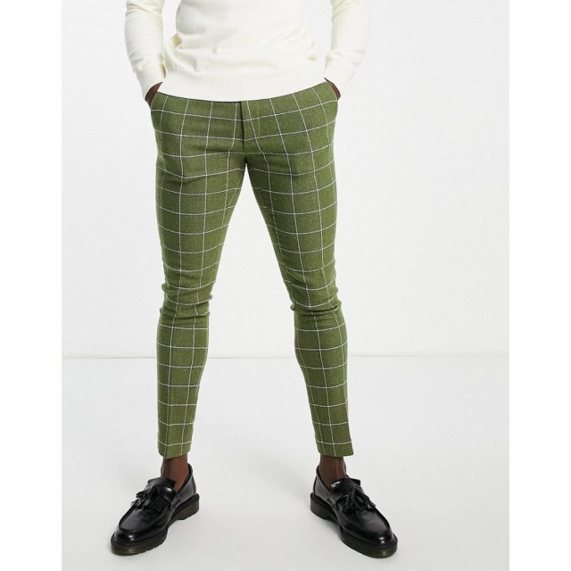 エイソス ASOS DESIGN メンズ スキニー・スリム ボトムス・パンツ Super Skinny Wool Mix Smart Trousers In Rifle Green Window Check