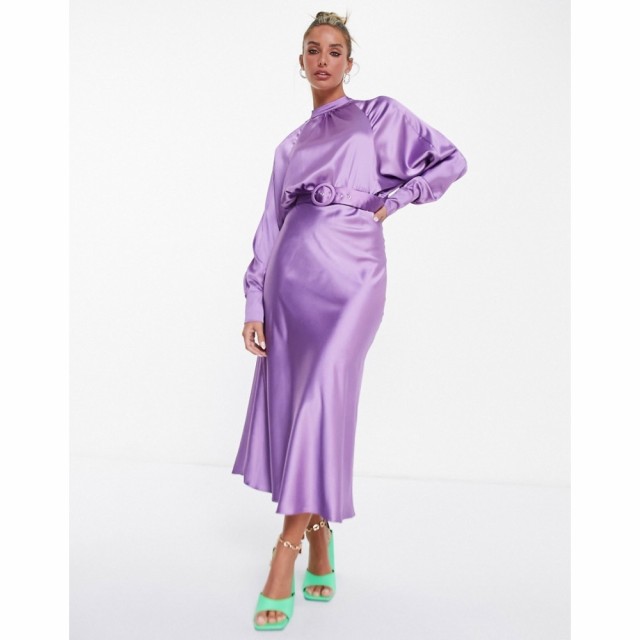 エイソス ASOS DESIGN レディース ワンピース ミドル丈 ワンピース・ドレス Long Sleeve Belted Satin Bias Midi Tea Dress In Lilac ラ