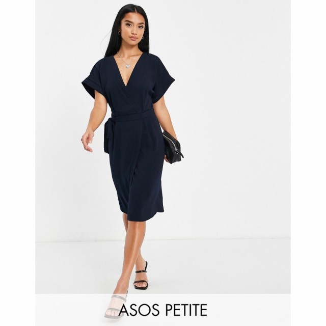 エイソス ASOS Petite レディース ワンピース ラップドレス ミドル丈 ワンピース・ドレス Petite Wrap Midi Dress In Navy ネイビー