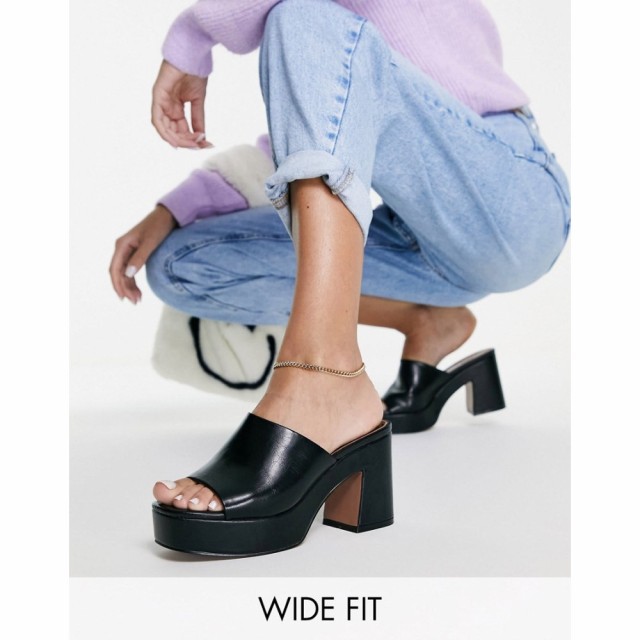 エイソス ASOS DESIGN レディース サンダル・ミュール シューズ・靴 Wide Fit Harmony Mid Heeled Platform Mules In Black ブラック