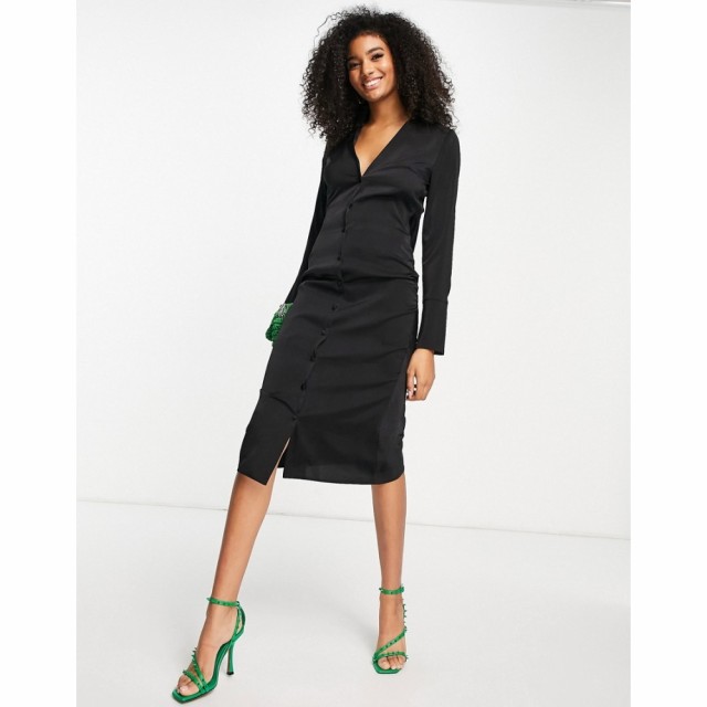 エイソス ASOS DESIGN レディース ワンピース ミドル丈 ワンピース・ドレス Satin Shirt Midi Dress With Cowl Back Detail ブラック