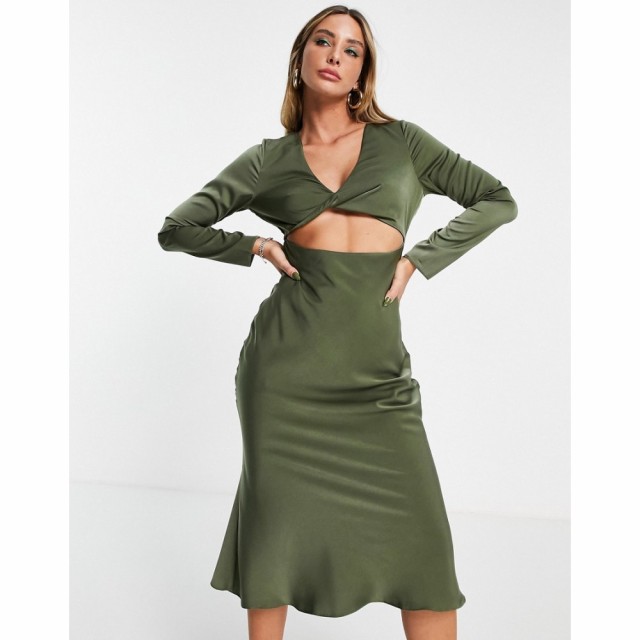 エイソス ASOS DESIGN レディース ワンピース ミドル丈 ワンピース・ドレス Twist Front Bias Midi Dress In Satin In Khaki カーキ