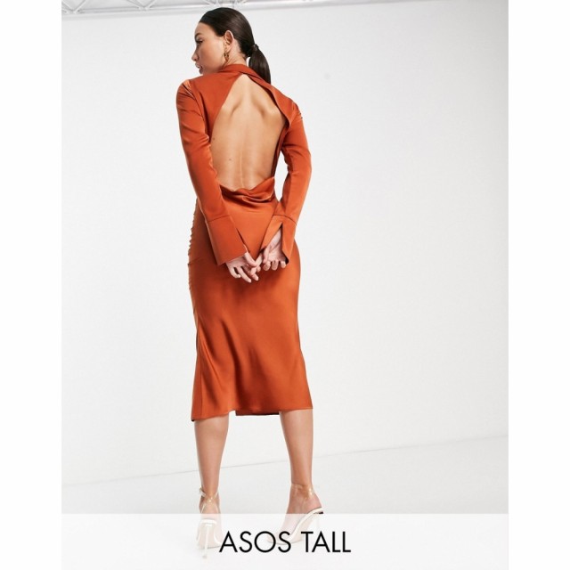 エイソス ASOS Tall レディース ワンピース ミドル丈 ワンピース・ドレス Tall Satin Shirt Midi Dress With Cowl Back Detail ラスティ