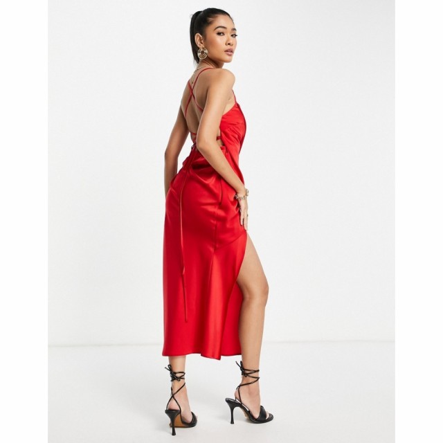 エイソス ASOS DESIGN レディース ワンピース レースアップ ミドル丈 Square Neck Satin Midi Dress With Drape Detail And Lace Up Back