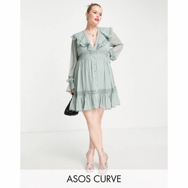 エイソス ASOS Curve レディース ワンピース ミニ丈 ワンピース・ドレス Curve Lace Insert Mini Dress With Ruffle Detail And Button T