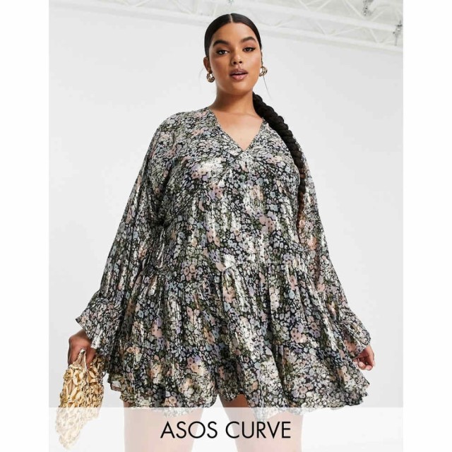 エイソス ASOS Curve レディース ワンピース ミニ丈 Curve Mini Smock Dress With Tie Waist In Ditsy Printed Jacquard Chiffon フロー