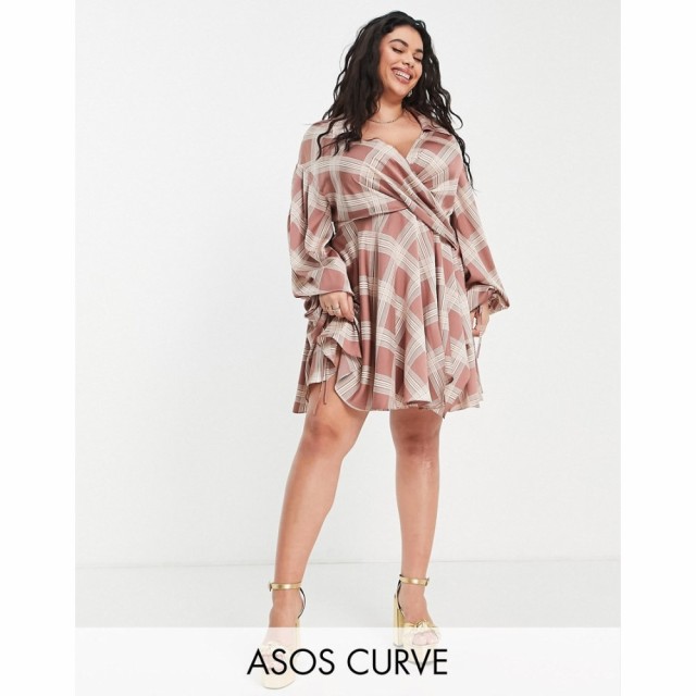 エイソス ASOS Curve レディース ワンピース ミニ丈 Curve Satin Blouson Shirt Mini Dress With Drape Detail In Check Print ピンクチ