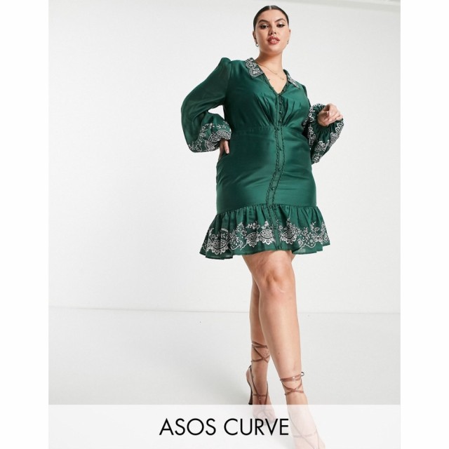 エイソス ASOS Curve レディース ワンピース ワンピース・ドレス Curve Embroidered Voile Cut Out Mini Dress With Button Front And Co