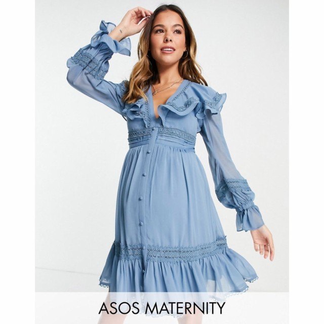 エイソス ASOS Maternity レディース ワンピース マタニティウェア ミニ丈 Maternity Lace Insert Mini Dress With Ruffle Detail And Bu