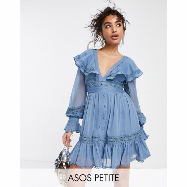 エイソス ASOS Petite レディース ワンピース ミニ丈 ワンピース・ドレス Petite Lace Insert Mini Dress With Ruffle Detail And Button