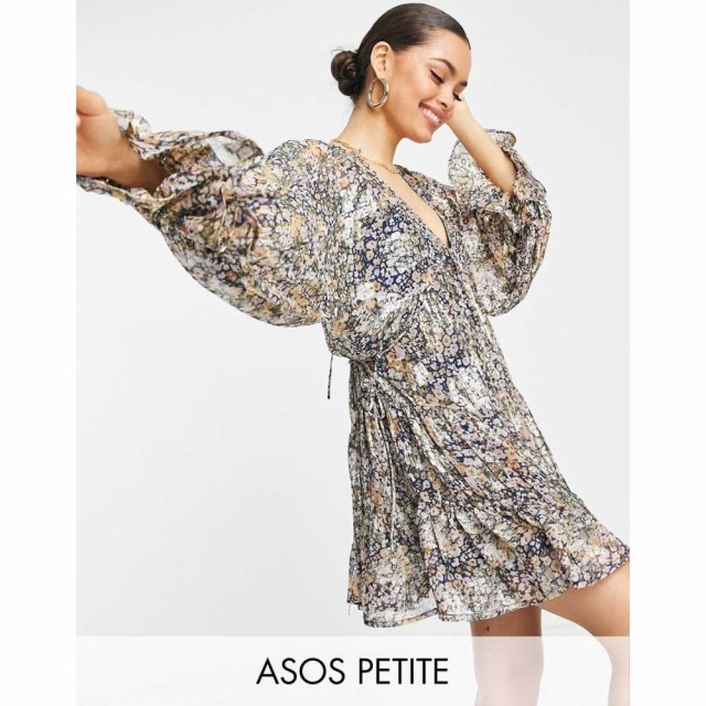 エイソス ASOS Petite レディース ワンピース ミニ丈 Petite Mini Smock Dress With Tie Waist In Ditsy Printed Jacquard Chiffon ネイ